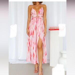 Hello Molly Love Letters Maxi Dress Pink Print Cutout Open Back Split Leg